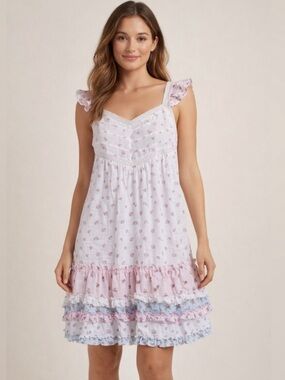 Envogue White and Pink Floral Ruffled Cotton Chemise